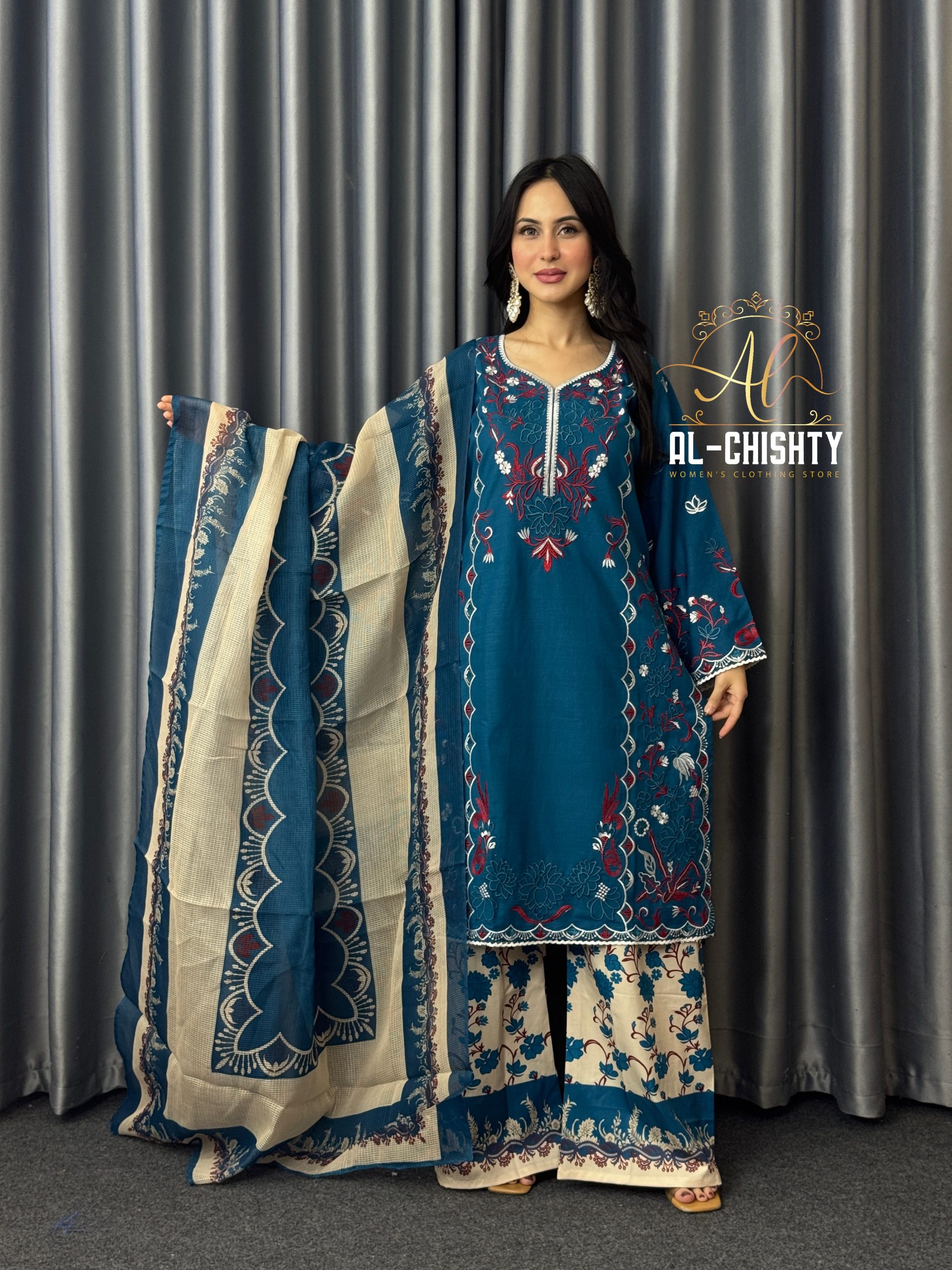 IMG_6871.jpg Premium Cotton silk Embroidery 3Piece Set Ready To Wear collection - Image 1
